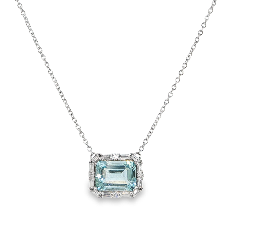 18K White Gold Emerald Cut Aquamarine & Baguette Diamond Halo Pendant Necklace Main image