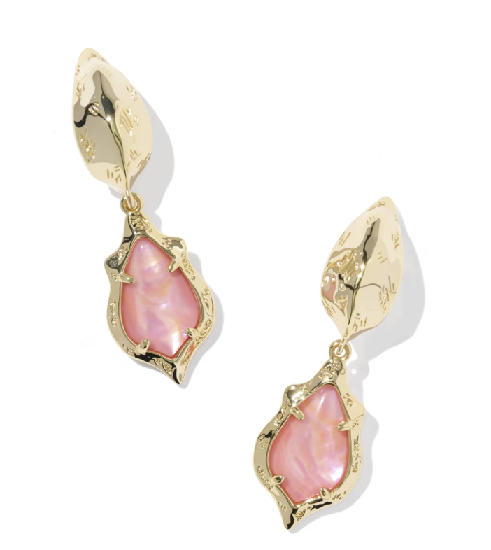 Gold Plated Adriana Scallop Frame Huggies in Light Pink Iridescent Abalone by Kendra Scott