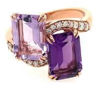 14K RG 2-Stone Emerald Cut Amethyst & 1/5cttw Diamond Cocktail Ring Main image