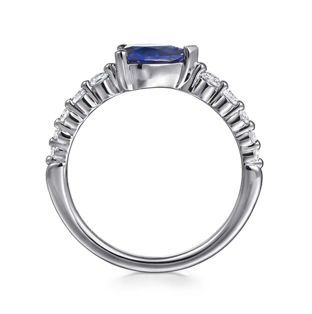 14K White Gold Pear Shape Sapphire & Graduated Diamond Band by Gabriel NY