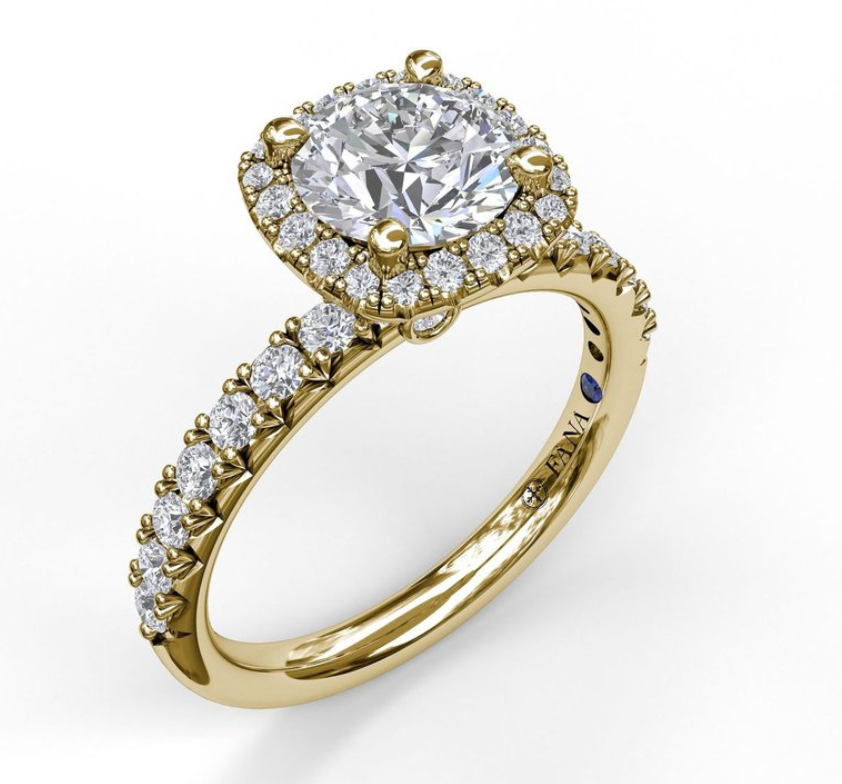 14k yellow gold .52cttw diamond engagment ring by Fana to fit a round diamond measuring: 4.45 x 4.46 x 2.75mm

Stone Detail
44 Rnd dia =0.52cttw
1 rnd sap = 0.01cts

Size 6.5
Engraving: I forgot my toothbrush