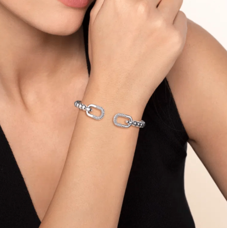 Sterling Silver Bujukan White Sapphire Open Bangle Bracelet by Gabriel NY