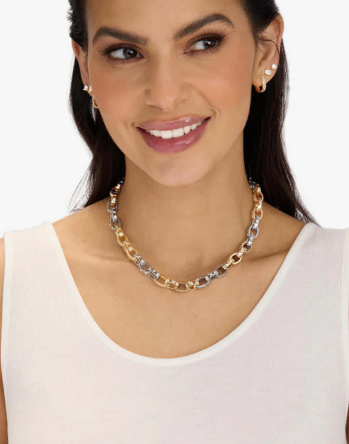 Two-Tone Plated Ashley Chain Necklace in White CZ by Melinda Maria
