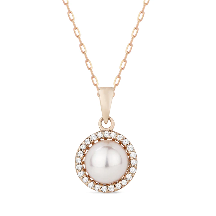 14k Rg 6mm Pearl Ctr w Diamond Halo Pendant Necklace by Madison L Main image