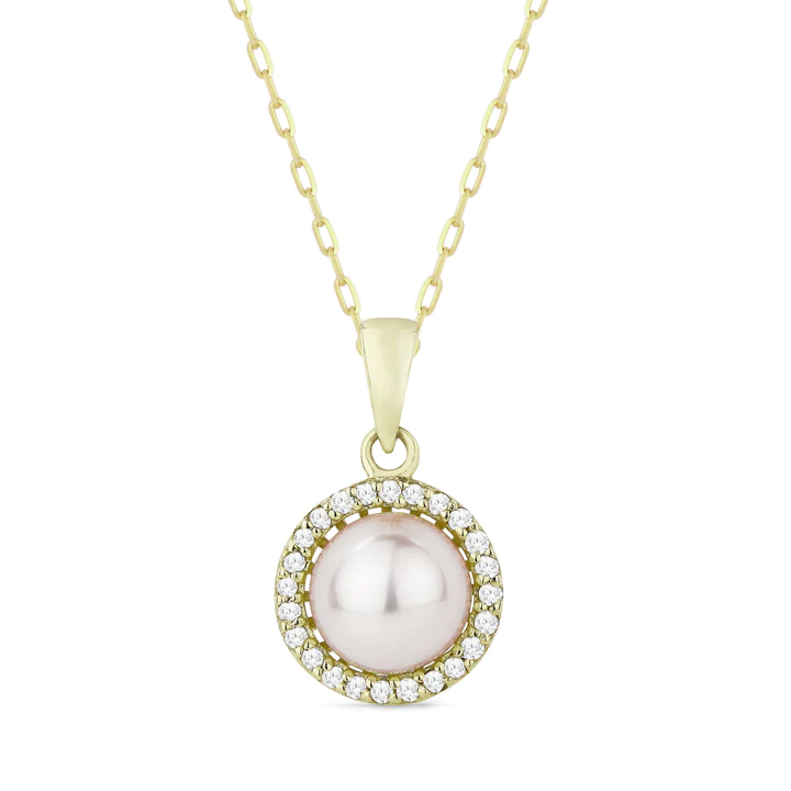 14K YG 7mm Pearl & Diamond Halo Pendant Necklace Main image