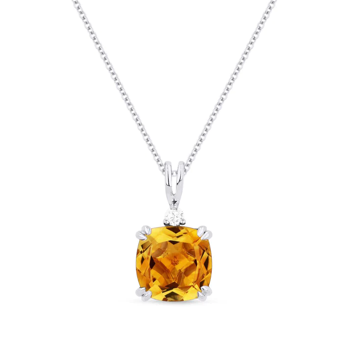 14k Wg Citrine Ctr w/  Rnd Accent Diamond Pendant Necklace