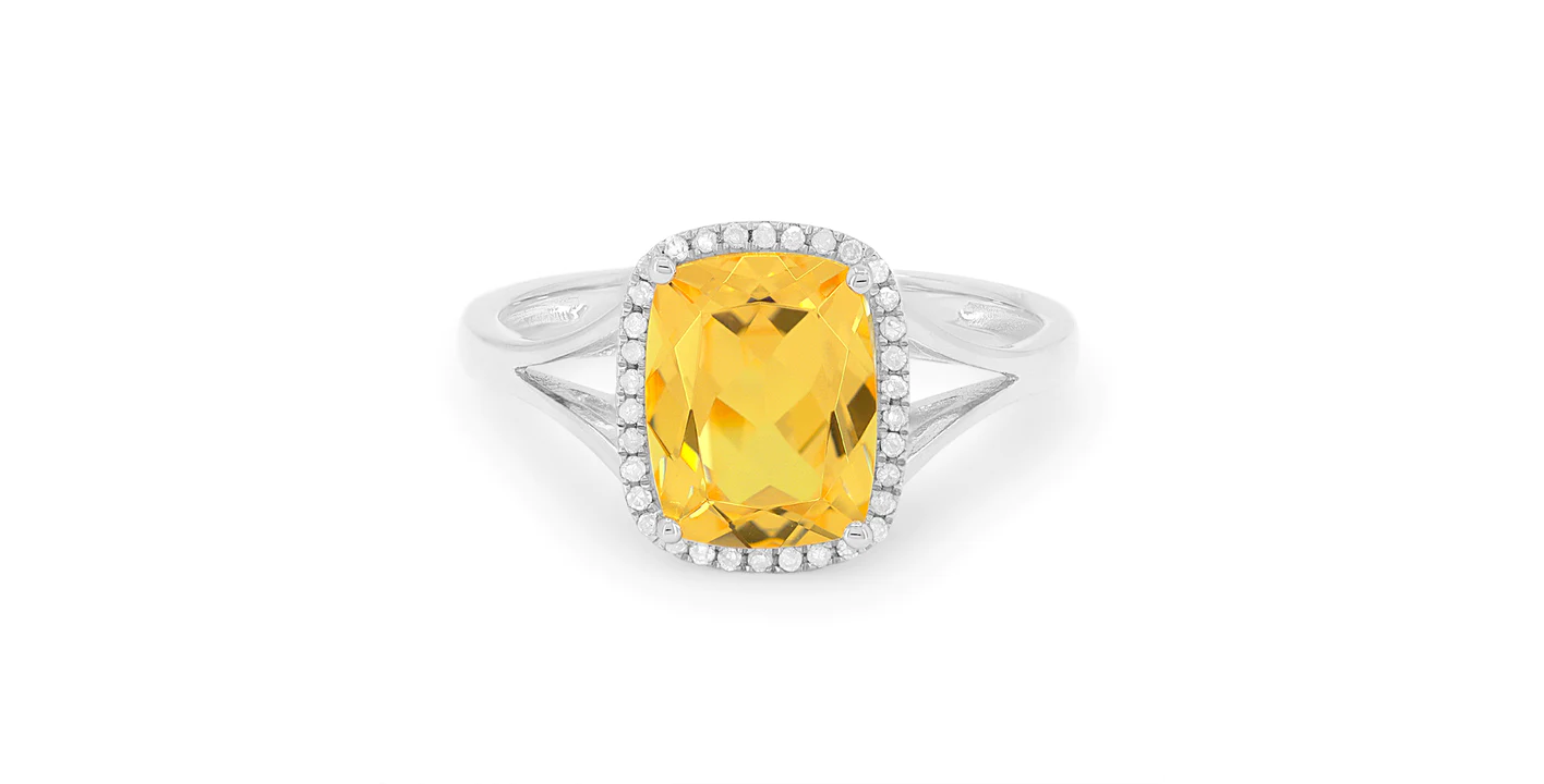 14K WG Cushion Citrine & Diamond Halo Ring Main image