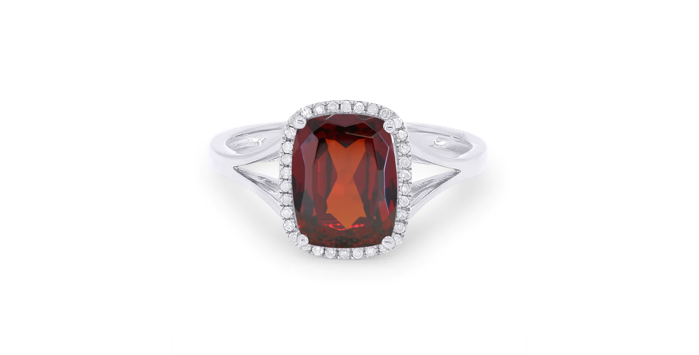 14K WG Cushion Garnet & Diamond Halo Split Shank Ring by Madison L