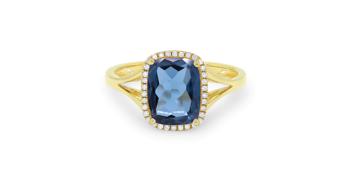 14K YG Cushion London Blue Topaz & Diamond Halo Split Shank Ring by Madison L Main image