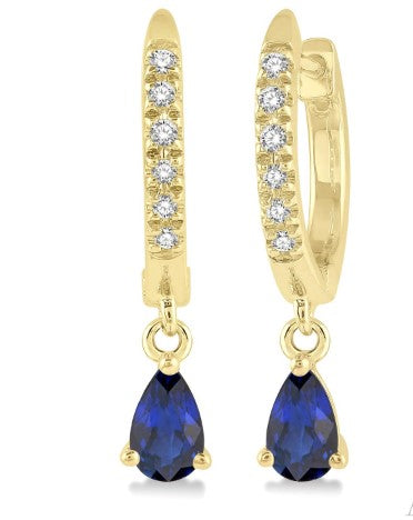 10K YG 5x3mm Pear Shaped Sapphire Dangles & Diamond Huggies