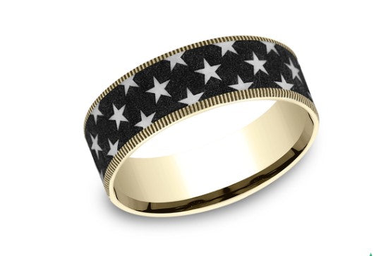 14K Y/ Blk & Grey Titanium The Anthem 7.5mm Star Pattern Center with Thin Edges Size 10 By Brook & Branch
