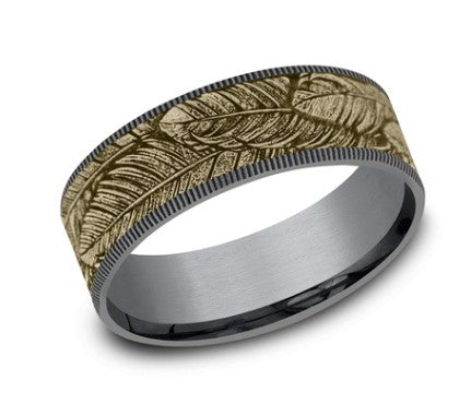 14KY/ Tantalum The Covey with Bird Feather Center and Thin Edges 7.5mm Band by Brook and Branch Main image