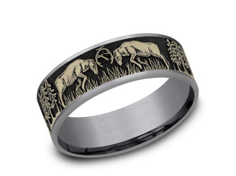 *14KY/ Tantalum The Rut with Deer Fight Design 7.5mm Band by Brook and Branch