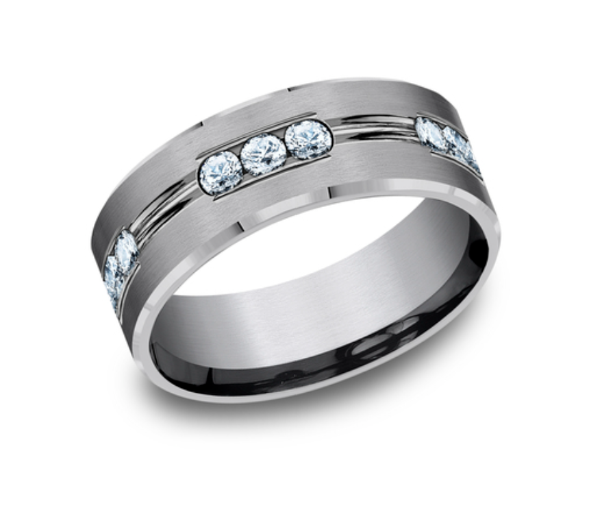 8MM Tantalum 1.20CTTW Diamond Beveled Edge Satin Finish Channel set Band By Benchmark Main image
