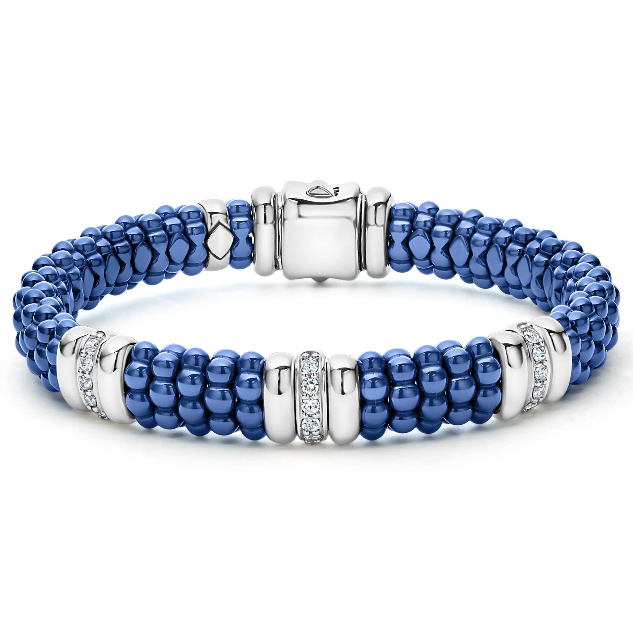 SS/18k Blue Caviar Marine Ceramic 3 Stations w/ Diamond Row 9mm RP Bracelet by Lagos Main image