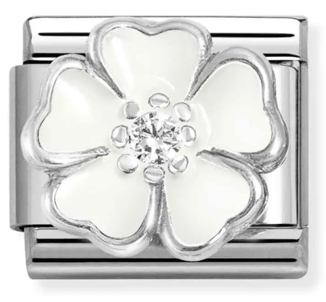 Stainless Steel & Sterling Silver White Peach Blossom Charm with Enamel & CZ