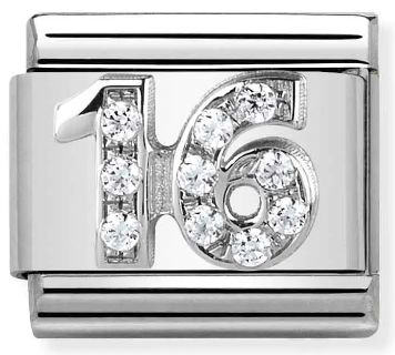 Stainless Steel & Sterling Silver Number 16 CZ Charm