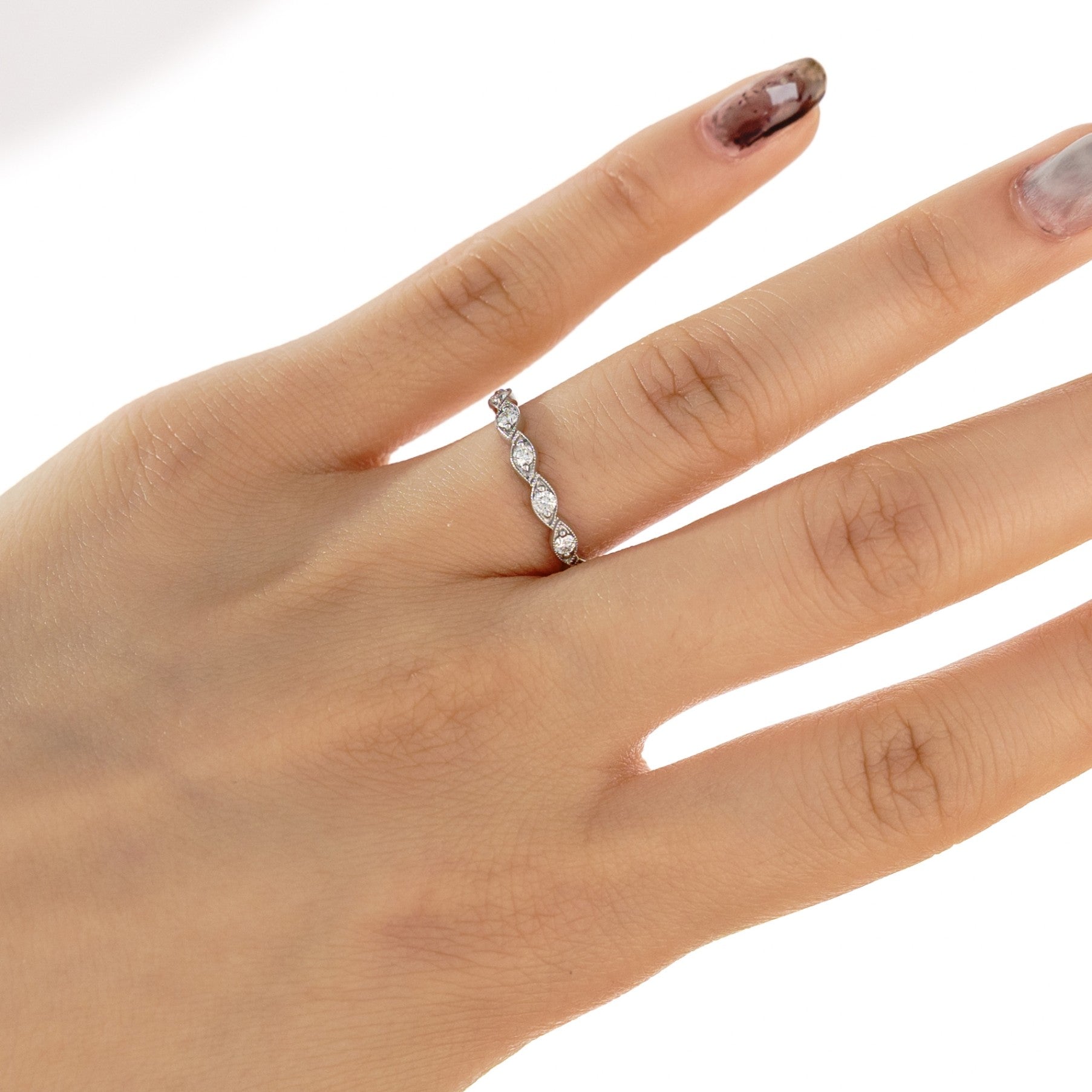 14K White Gold 1/4cttw Diamond Marquise Shape Milgrain Wedding Band