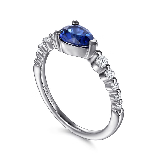14K White Gold Pear Shape Sapphire & Graduated Diamond Band by Gabriel NY