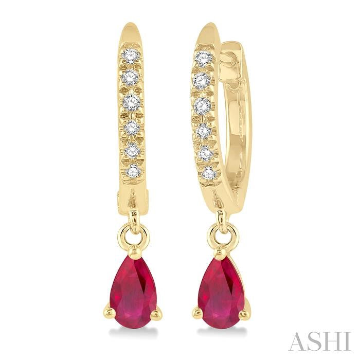 10K YG Diamond & Pear Shape Ruby Petite Drop Huggies