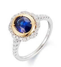 14K YG/PT Oval Sapphire & Scalloped Diamond Halo Ring