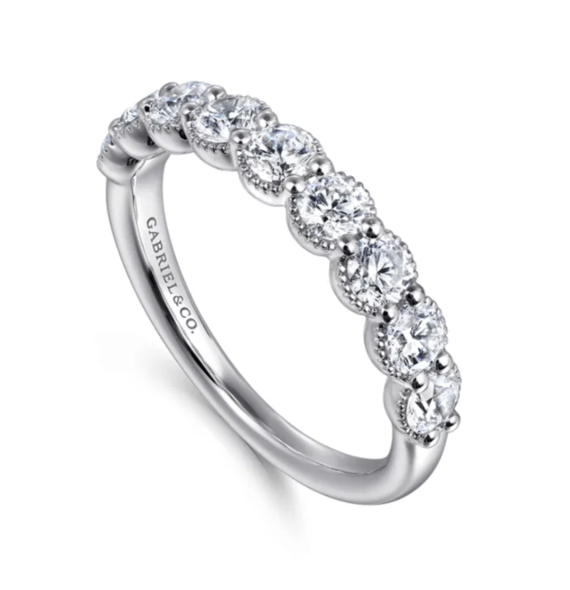 14K White Gold Round Diamond Anniversary Band with Milgrain Detail by Gabriel NY