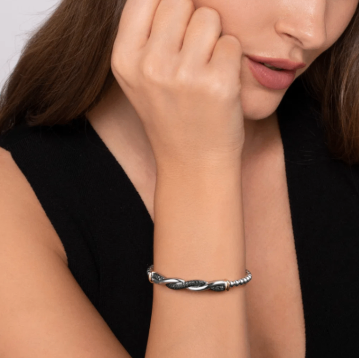 Sterling Silver/14K YG Bujukan Black Spinel Twisted Bangle by Gabriel NY