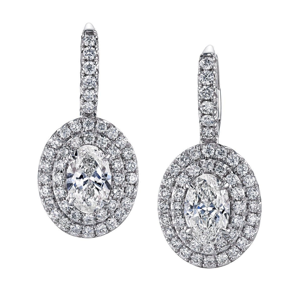 18K White Gold Diamond Oval Halo Leverback Earrings by Joshua J
