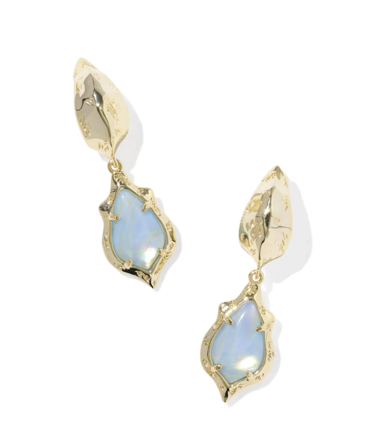 Gold Plated Adriana Scallop Frame Huggies in Sky Blue Iridescent Abalone by Kendra Scott