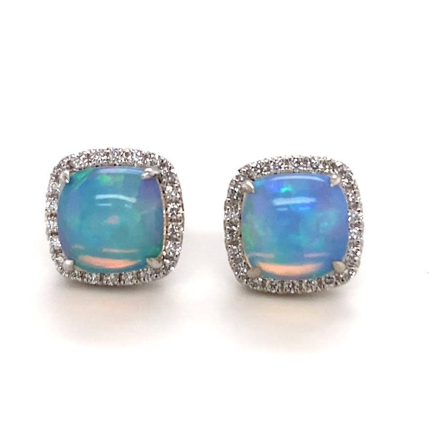 14K WG Cushion Opal & Diamond Halo Studs by David Kord
