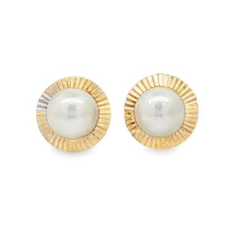14K YG Pearl studs with Gold Faceted Halo *Estate Item Sold as is, Final Sale*