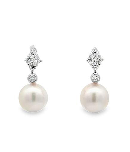 14K WG 8-8.5mm Japanese Cultured Pearl & Diamond Drop Earrings
