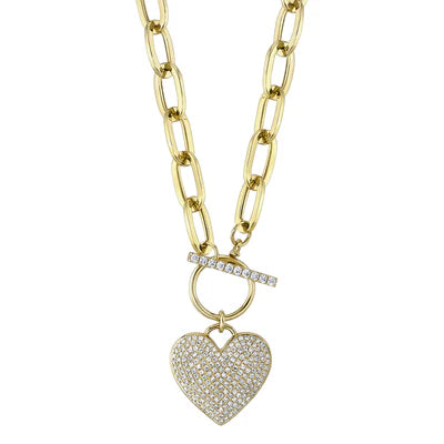14K YG Diamond Pave Heart Pendant on Paperclip Chain with Toggle Main image