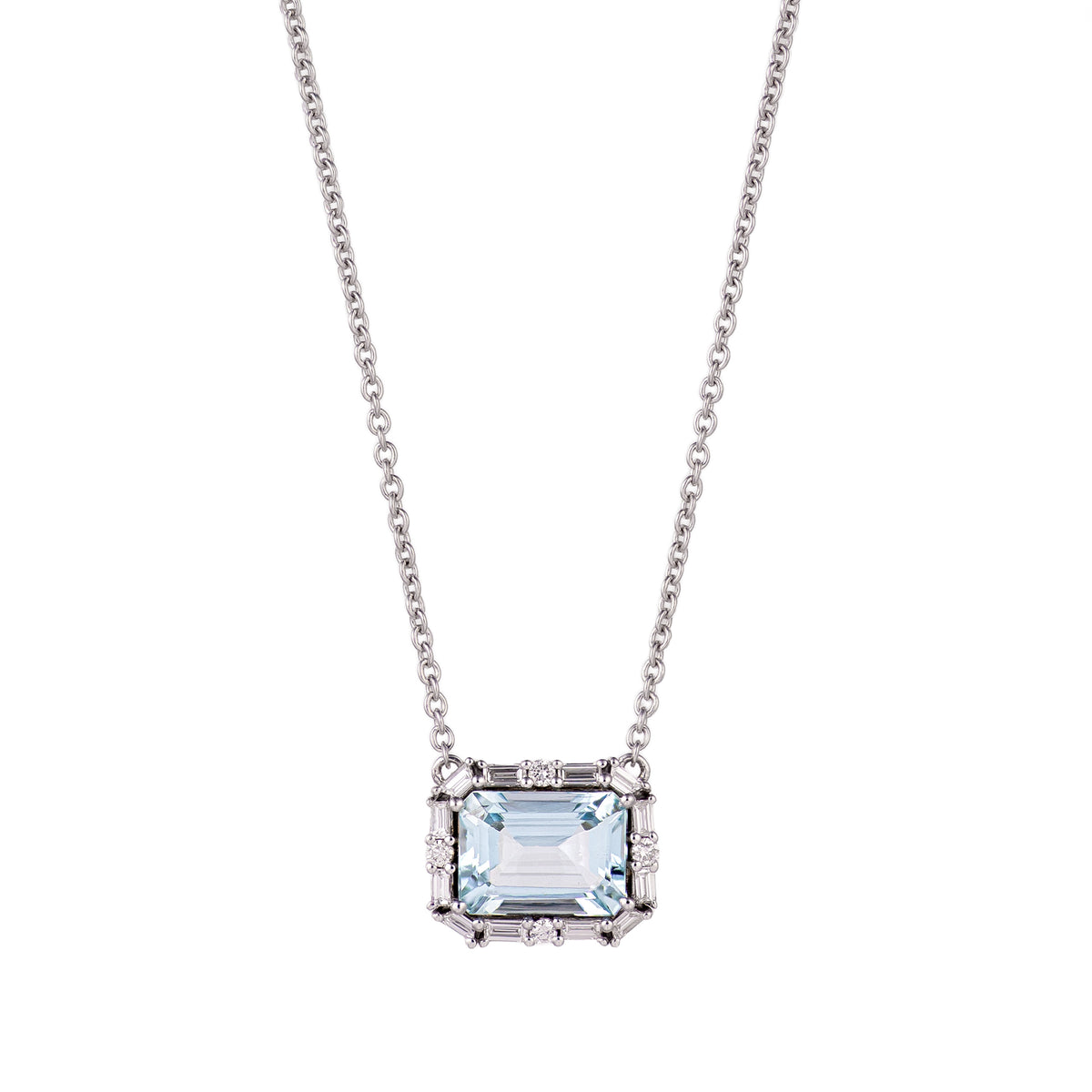 18K White Gold Emerald Cut Aquamarine & Baguette Diamond Halo Pendant Necklace Main image