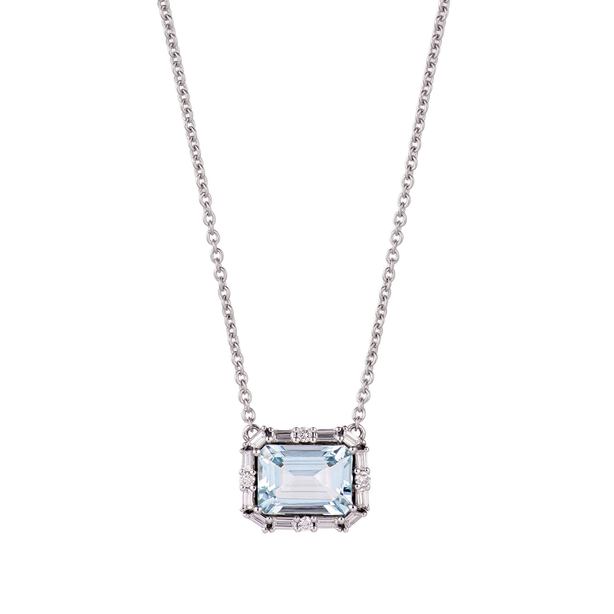 18K White Gold Emerald Cut Aquamarine & Baguette Diamond Halo Pendant Necklace