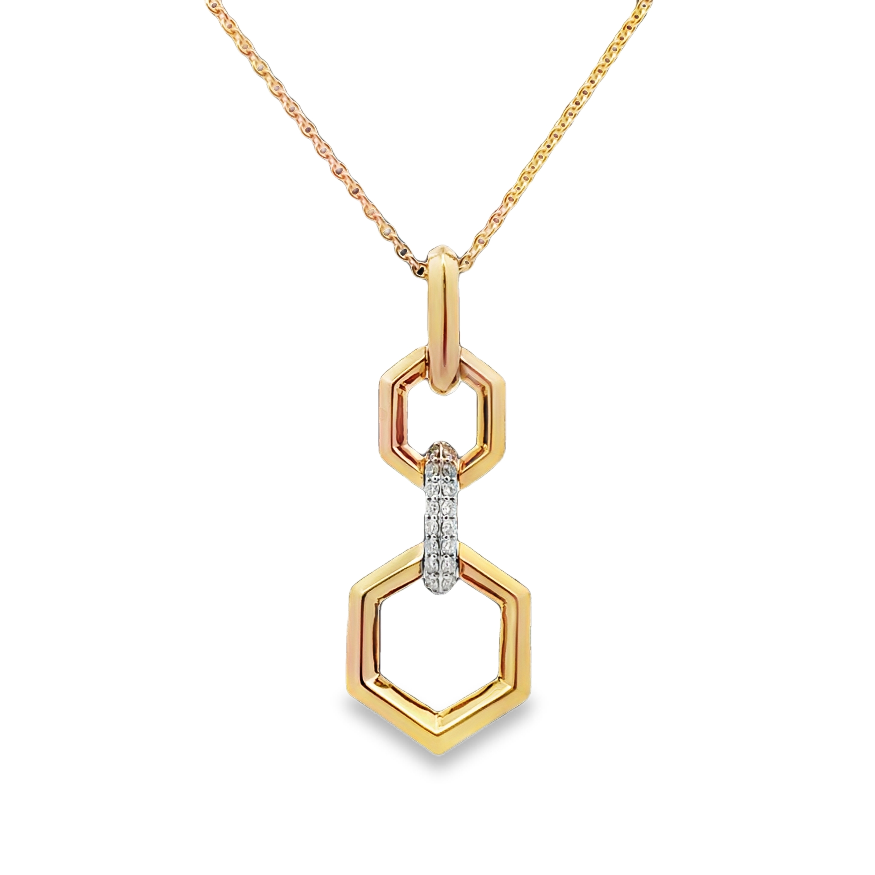 18K Two-Tone Double Hexagonal Link Drop Pendant with Diamond Connector by Fana