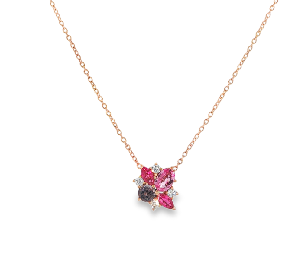 14K Rose Gold Pink & Purple Gemstone Mix Cluster Pendant Necklace