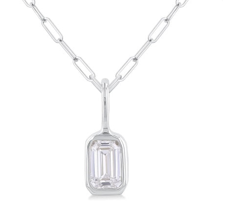 14K WG .20ct Emerald Dia Bezel Pendant on Paper Clip Chain