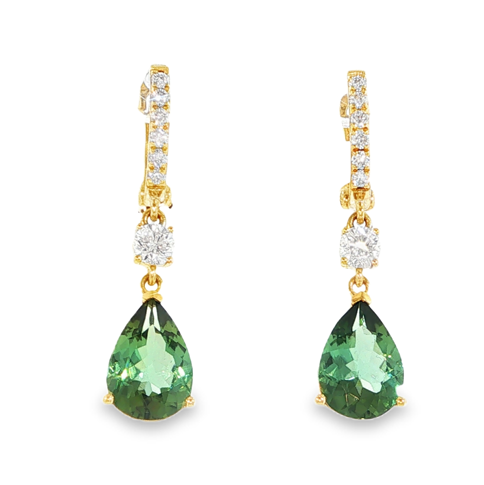 18K Yellow Gold Pear Shape Green Tourmaline & Diamond Accent Drop Huggies