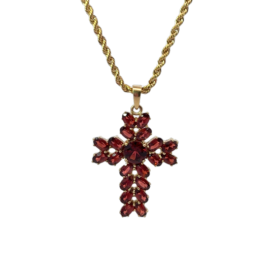 16" 14K YG 7.4ct Garnet Cross on Hollow Rope *Estate Item, Sold As Is, Final Sale* Main image