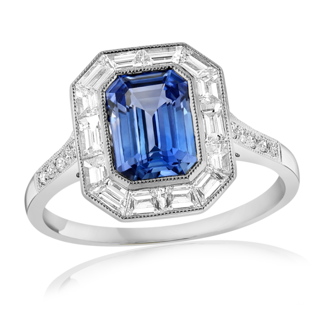 Platinum Emerald Cut Sapphire & Diamond Baguette Halo Ring
