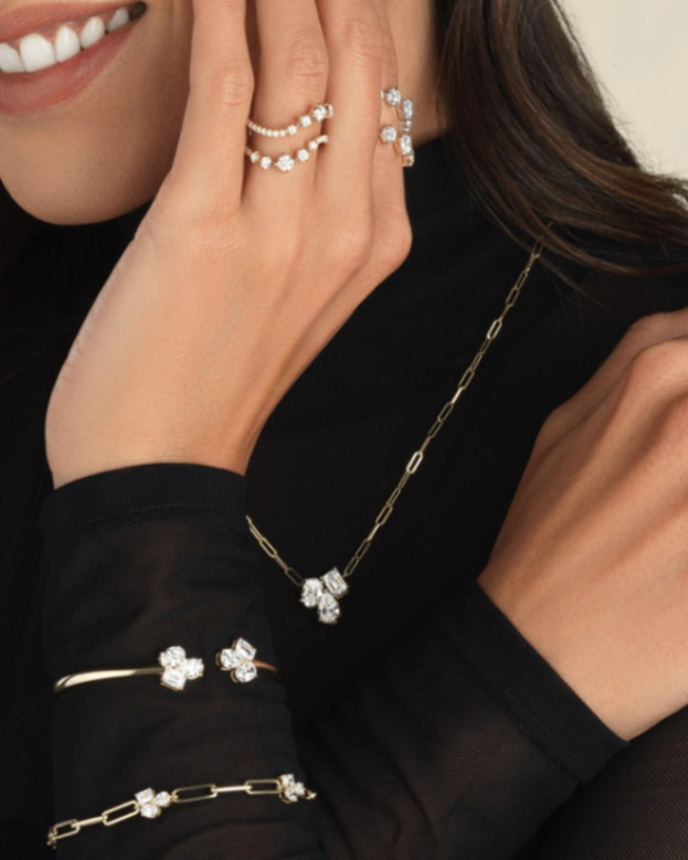14K Yellow Gold Multi Shape Lab Diamond Cluster Pendant on Paperclip Chain by Everlee