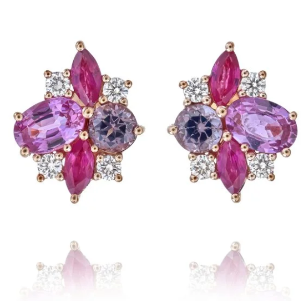 14K Rose Gold Pink & Purple Gemstone Mix Cluster Studs Main image
