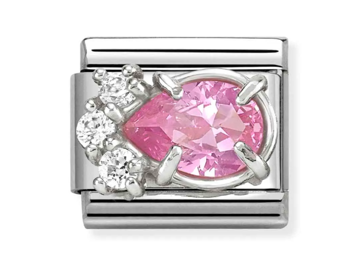 Stainless Steel & Sterling Silver White & Pink CZ Drop Charm