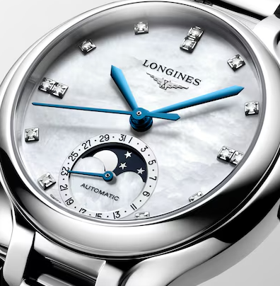 Longines PrimaLuna Moonphase 34mm Watch with Mother of Pearl Dial & Diamond Markers