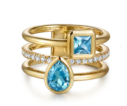 14K YG Diamond & Blue Topaz Bezel Easy Stackable Ring by Gabriel