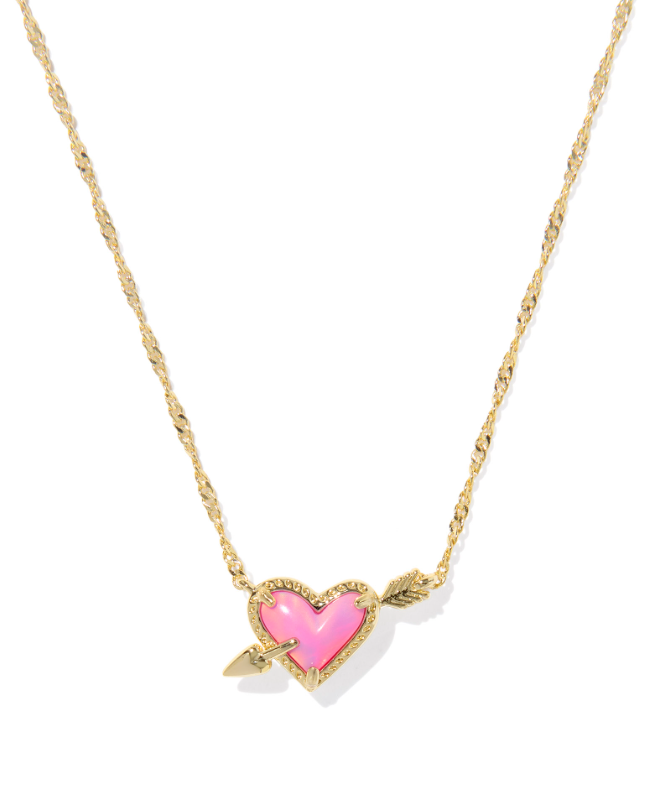 Gold Plated Ari Heart Arrow Pendant Necklace in Pink Opalescent Resin by Kendra Scott