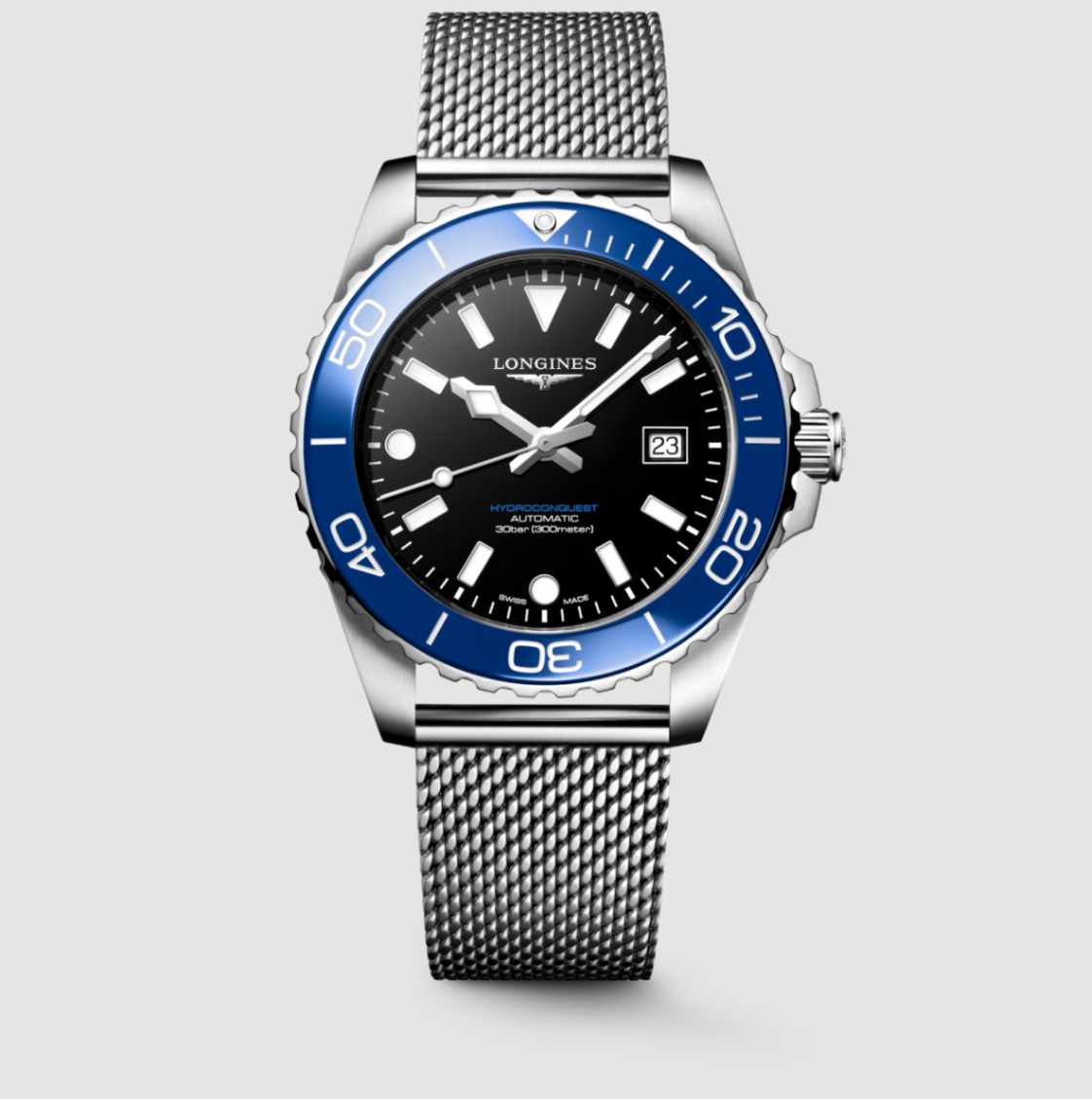 Longines HydroConquest 42mm Black Dial Watch with Blue Bezel & Mesh Bracelet