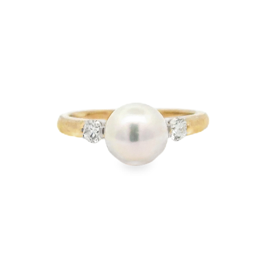 14K YG 7.5-8mm Japanese Cultured Pearl & Diamond 3-Stone Ring