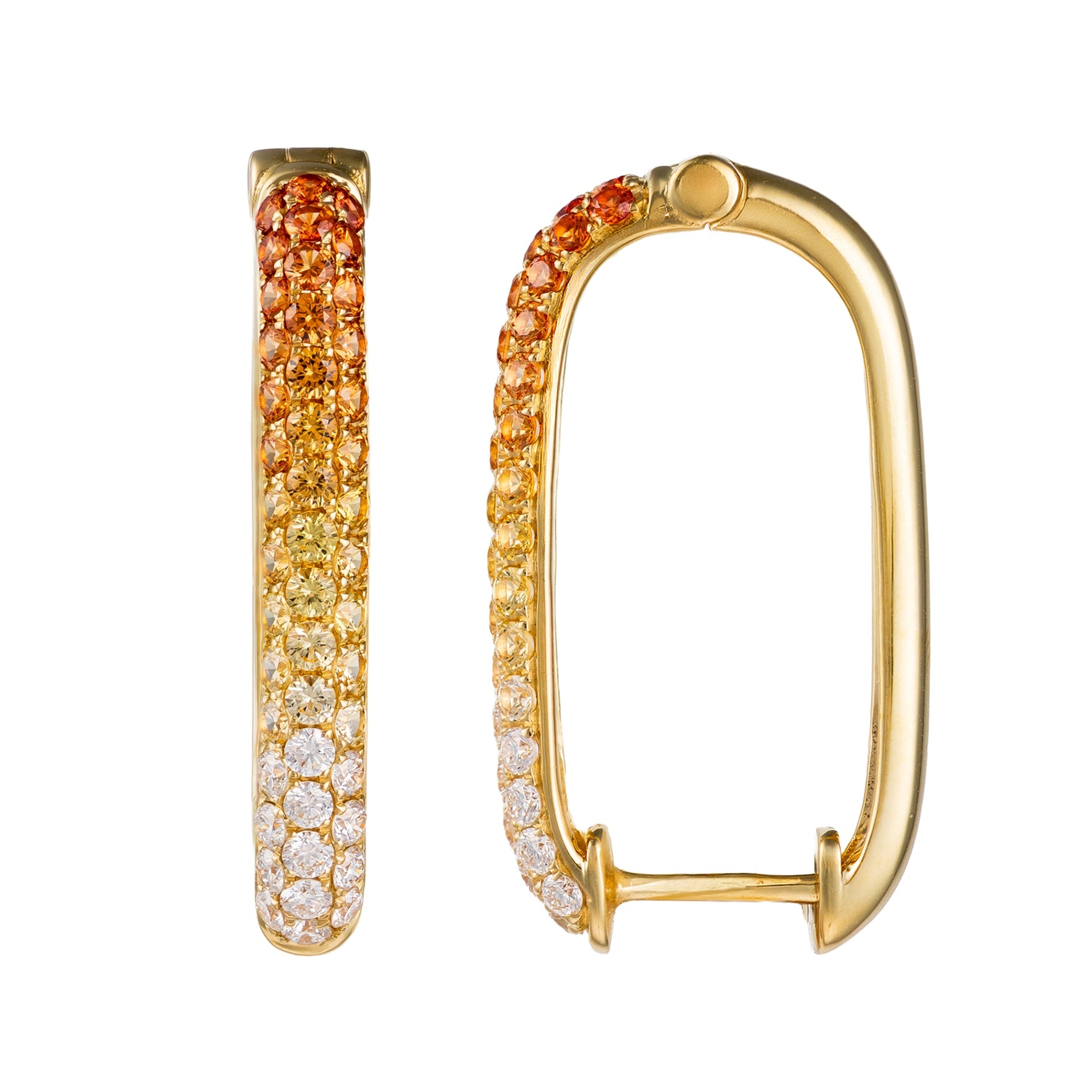 18K Yellow Gold Ombre Orange Sapphire & Diamond Square Hoops by David Kord Secondary image